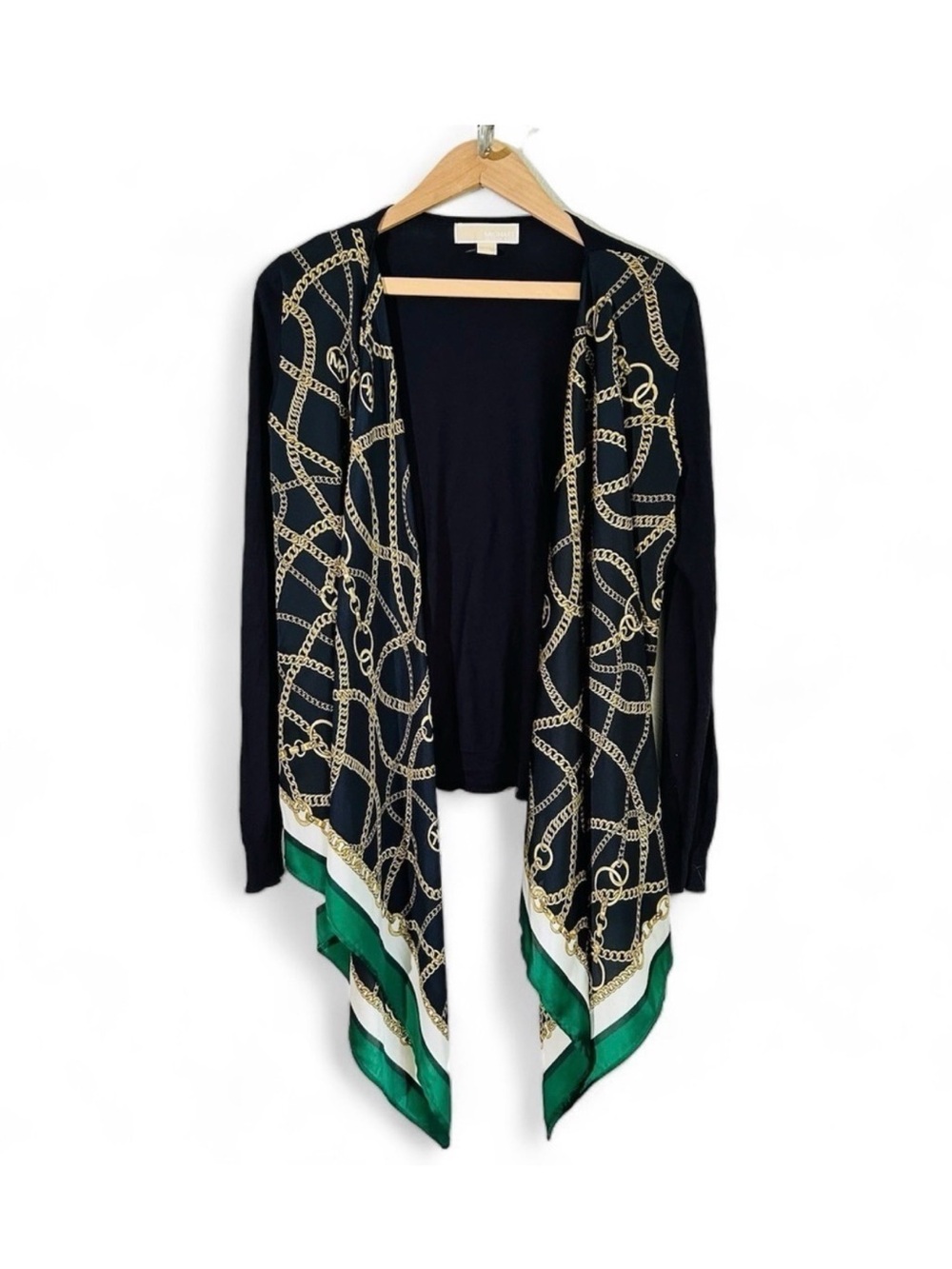 Michael Kors Navy Gold Chain Equestrian Print Satin Drape Cardigan Size S